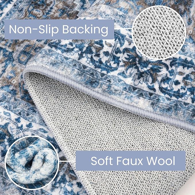 KOZYFLY Runners for Hallways 2.6x20 Ft Extra Long Washable Kitchen Thin Runner Rug Boho Runner Rug for Entryway Indoor Blue Printed Oriental Faux Wool Stair Floor Carpet Runner for Stair Kitchen Hall