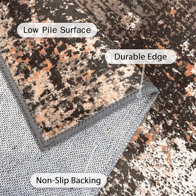 GENIMO Washable Area Rugs for Living Room, 10x14 Vintage Non Slip Rugs, Low Pile Lightweight Soft Print Rug for Bedroom, Dining Room, Home Office, Brown Orange