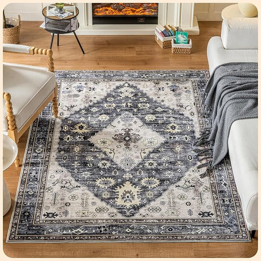 Istana 4x6 Rug - Dark Grey Blue & Rose Mauve Area Rugs 4x6 - Kid & Pet Friendly Machine Washable Rugs - 4 x 6 Area Rug Non Slip & Non Shedding Area Rug - Foldable Rug for Room for Bedroom