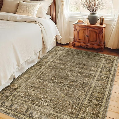 HelloTree Vintage Area Rug 3x5 Brown Entryway Office Washable Carpet Non Slip Backing Printed Distressed Rugs for Bedroom Vintage Boho Tribal Area Rugs for Bathroom Bedroom Dining Living Room-Brown