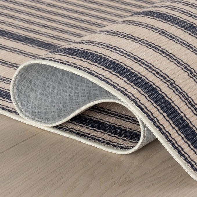 Dash & Albert Axiom Navy Machine Washable Rug, 9.5 X 13.5 Feet, Blue/Ivory Stripe Pattern