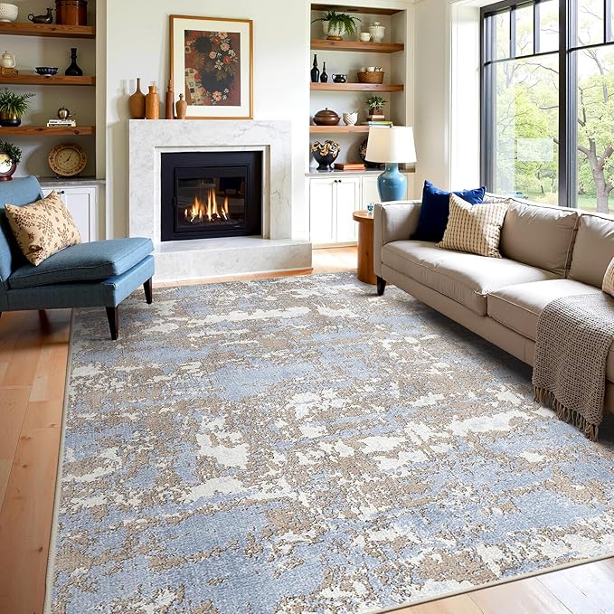 WITSHOCK 8x10 Area Rugs for Living Room: Washable Abstract Large Rug for Dining Room Bedroom Carpet Non Slip 8 by 10 Indoor Modern Nursery Home Office Blue Brown