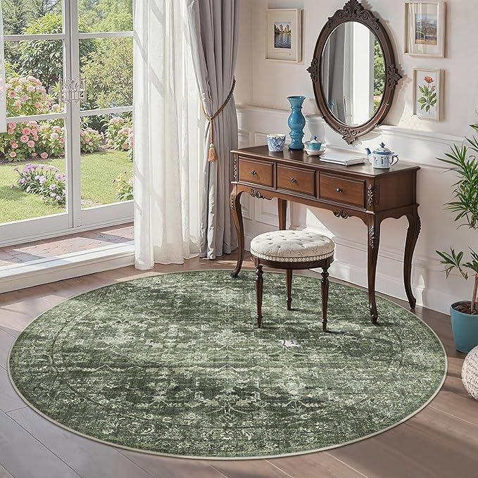 6ft Round Washable Area Rugs for Living Room, Vintage Boho Large Rug for Bedroom Dining Room Office, Distressed Floral Print Carpet for Under Table, Soft Non Slip Low Pile Throw Indoor Mat, Green