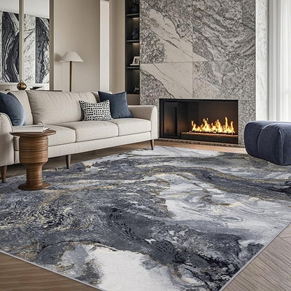 Abstract 6x9 Area Rugs: Modern Washable Rug for Living Room Bedroom Dining Room Indoor - Thin Low Pile Non-Slip Large Carpet - Black Gold