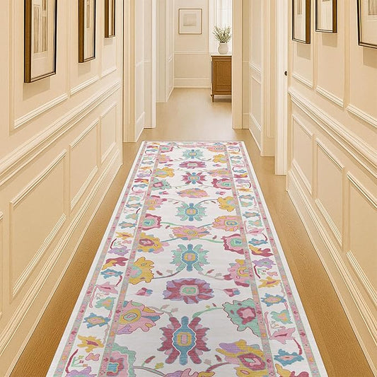 Fame Living Pink Oushak Rug, Modern Rugs, Vintage, Turkish, Eclectic, Floral, Pastel, Washable, Small Throw, Accent Area Rug for Living Room, Bedroom, Kitchen, Bathroom, 2'5"x4'9"