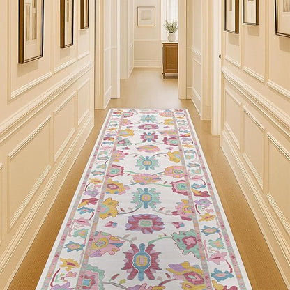 Fame Living Pink Oushak Runner Rug, Modern Runners, Turkish, Eclectic, Floral, Pastel, Washable, Small Throw Rugs, Short Runner for Hallway, Entryway, Laundry, Bedroom, Kitchen, Bathroom, 2'5"x6'5"
