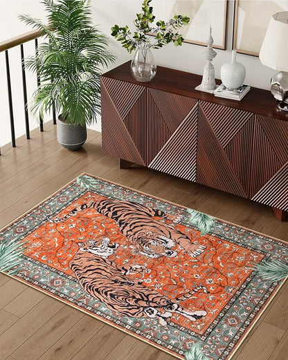Moynesa Tiger 3x5 Washable Rug, Boho Area Rugs for Entryway, Non Slip Small Rug for Bedroom, Ultra Thin Botanical Vintage Soft Accent Carpet for Kitchen Entry Laundry Room, Rust