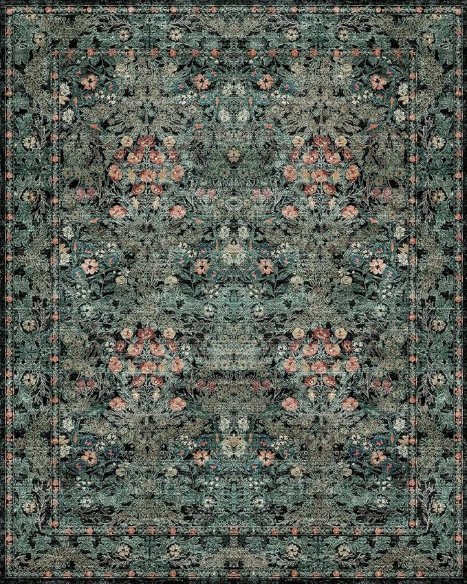 Farmhouse Dark Green Dining Room Rugs for Under Table - 6x9 Washable Cottagecore Distressed Low Pile Non Slip Flora Rug for Living Room, Bedroom, Nursery, Home Office - Soft Boho Moody Accent Mat