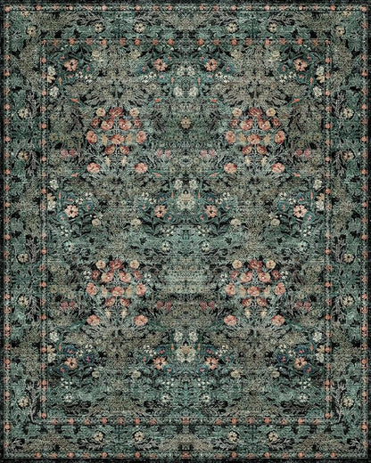 Dark Green Boho 5x7 Area Rugs for Bedroom Aesthetic, Washable Floral Rug for Living Room, Nursery - Low Pile Non Slip French Country Carpet for Dining Room Under Table - Botanical Mat for Indoor