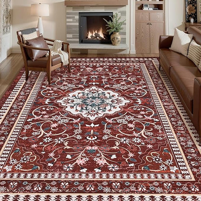 Luxury 8' x 10' Red Washable Area Rugs, Boho Low Pile Easy Clean Non-Slip Rug, Floral Medallion Pattern Vintage Rugs for Living Room, Dinning Room, Office, Bedroom, Bathroom, Laundry Room, Farmhouse
