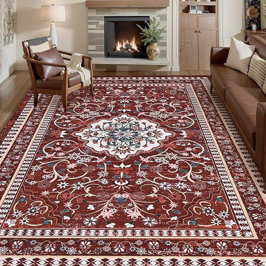 Luxury 8' x 10' Red Washable Area Rugs, Boho Low Pile Easy Clean Non-Slip Rug, Floral Medallion Pattern Vintage Rugs for Living Room, Dinning Room, Office, Bedroom, Bathroom, Laundry Room, Farmhouse