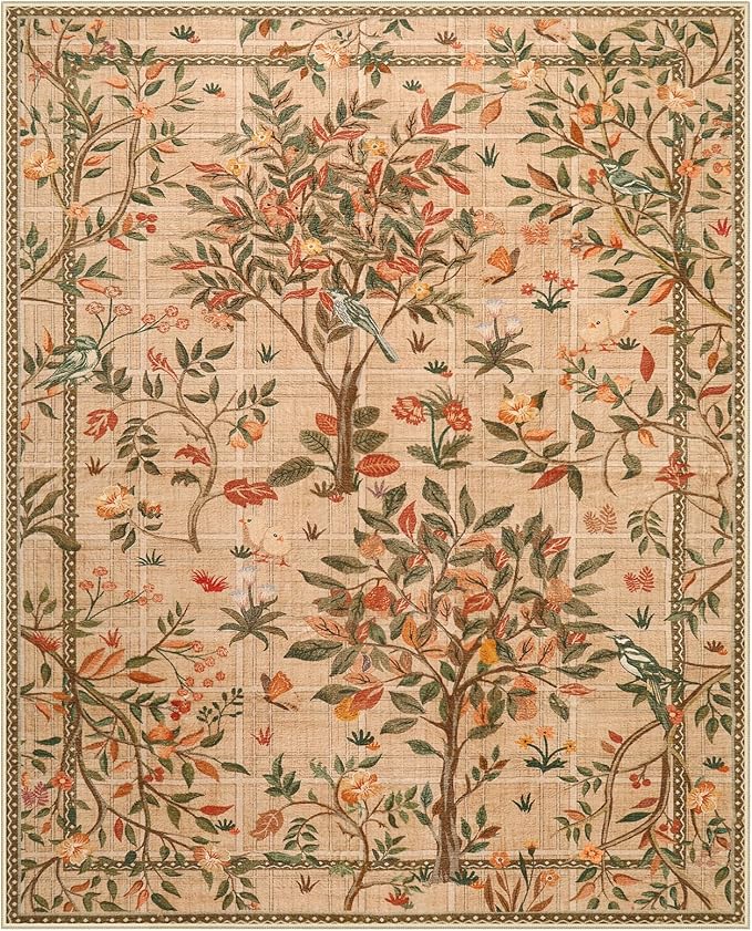 Morebes Washable Area Rugs 8x10, Boho Floral Living Room Carpet Non Slip, Soft Low-Pile Flower Birds Indoor Floor Throw Rug for Dining Room Home Office Playroom Foyer, Brown