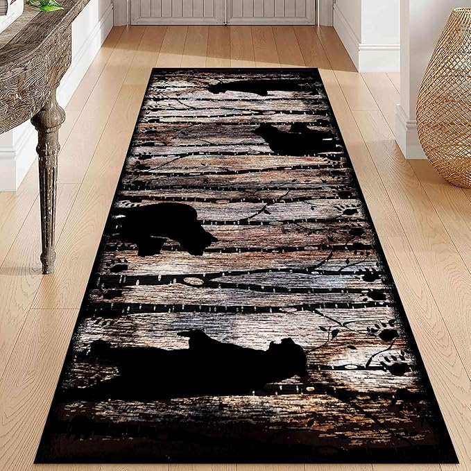 Wildlife Bear Runner Rug, 2x7ft, Vintage Wood Grain Wild Animal Black Bear Corridor Carpet, Non-Slip Washable Long Runner Rug for Farmhouse, American Country Wood Floor Entrance Rug Door Mat