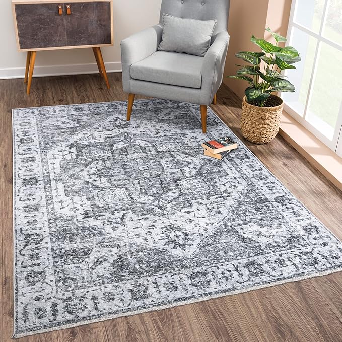 Bloom Rugs Caria Washable Non-Slip 4x6 Rug - Silver/Dark Gray Traditional Area Rug for Living Room, Bedroom, Dining Room, and Kitchen - Exact Size: 4' x 6'