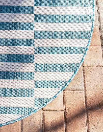 Unique Loom Outdoor Striped Collection Area Rug - Striped (4' 1" Round, Light Aqua/Ivory)