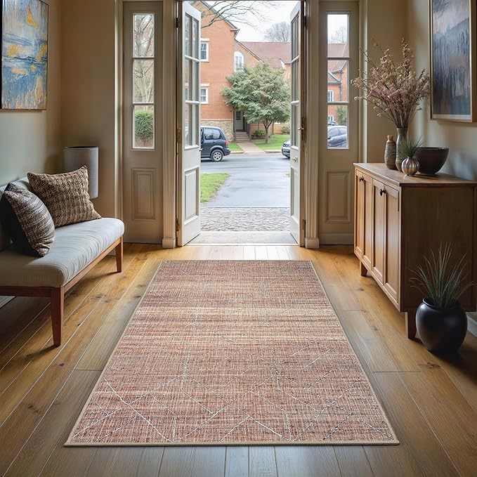 GLN Rugs Contemporary Collection - Machine Washable Area Rug, Contemporary Washable, Non Slip, Low Pile Chenille Rug, Living Room, Bedroom, Kitchen Rug (2'6" x 7' Terra/Brown)
