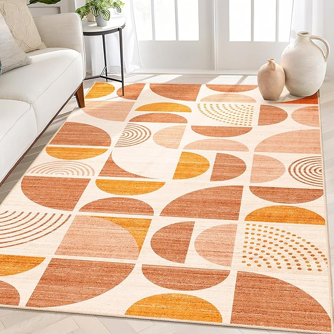 MUJOO Boho Rug Washable,4x6.5 Area Rugs for Bedroom Living Room Bedside Office,Throw Floor Carpet Non Slip Soft Indoor Modern Abstract Bohemian Orange