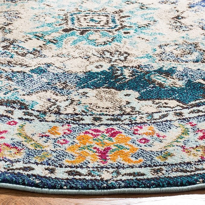 SAFAVIEH Monaco Collection Area Rug - 3' Round, Navy & Light Blue, Boho Chic Medallion Distressed Design, Non-Shedding & Easy Care, Ideal for High Traffic Areas in Living Room, Bedroom (MNC243N)