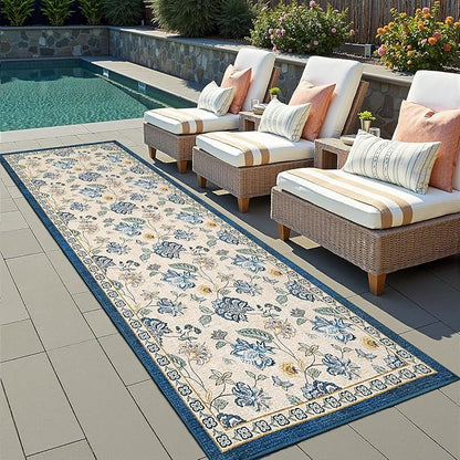 jinchan Elora 3x10 Floral Runner Rug for Hallway Washable Runner Vintage Romance Design Non Slip Thin Indoor Floor Cover Low-Profile Throw Carpet for Entryway Bathroom Bedroom Porch, Blue/Beige