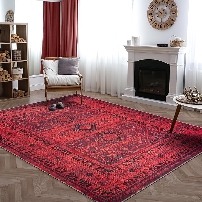 Bloom Rugs Washable Non-Slip 8' x 10' Rug - Red Traditional Bordered Area Rug for Living Room, Bedroom, Dining Room, and Kitchen - Exact Size: 8' x 10'