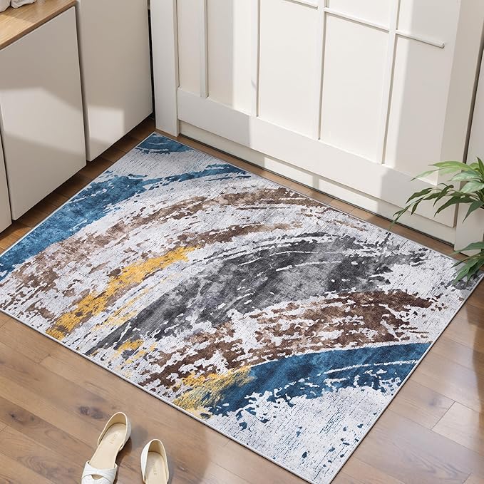 Ciicool Modern Abstract Swirl Area Rug, 2x3 Grey Navy Washable Small Entryway Rug, Low Pile Soft Non-Slip Kitchen Rug Thin Throw Rugs Room Mat Foldable Bathroom Rugs Non-Shedding Floor Carpet Indoor