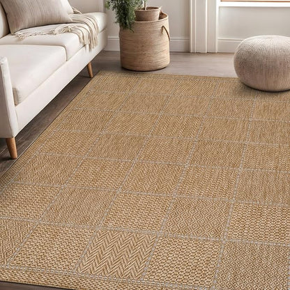 Beverly Rug Easy Jute Checkered Squared Rug 8x10 Washable Durable Indoor Outdoor Area Rugs for Living Dining Room Patio Office Stain Resistant Non Shedding Casual Indoor Outside Carpet 8 x 10 Natural