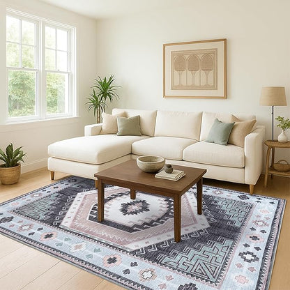 Fame Living Washable Area Rug. Modern Farmhouse. Vintage. Turkish. Bohemian. Distressed. Oriental. Traditional. Rugs for Living Room. Dining. Bedroom. Office. Entryway. (856BlckGry, 2'5" x 6'5")