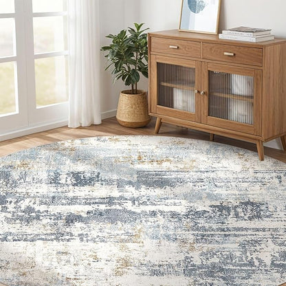 Round Rug Living Room Rugs: 8Ft Washable Circle Large Abstract Modern Soft Stain Resistant Non Slip Indoor Floor Carpet for Bedroom Nursery Office Dining Room Dorm Home House Decor- Light Blue