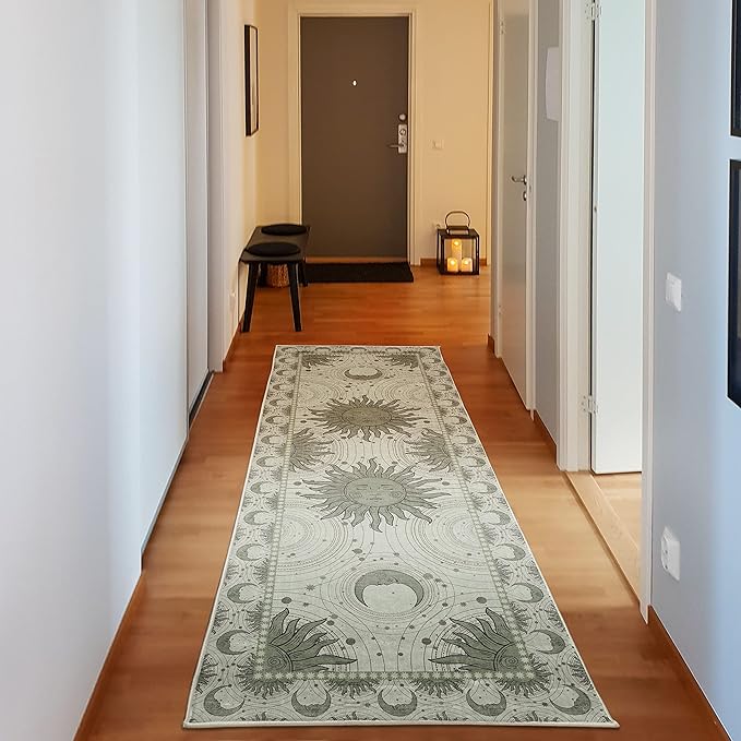 Ambesonne Sun and Moon Decorative Rug, Bohemian Artwork Design of Crescent Solar Ornament Esoteric Stars Ornaments, Quality Carpet for Bedroom Dorm and Living Room, 2' 5" x 7' 5", Pale Reseda