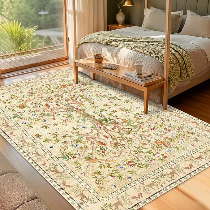 5x7 Area Rugs for Living Room, Machine Washable Non-Slip Carpet, Boho Floral Low Pile Throw Rugs for Bedroom, Dining Room, Office, Nursery, Vintage Home Decor（Beige）