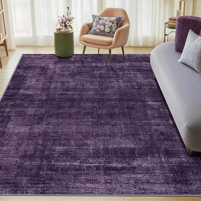 Kokia Abstract Area Rugs Washable Indoor 6x9 Rug Boho Distressed Retro Low Pile Non-Slip Non-Shedding Carpet Bedroom Living Room Dining Room, Purple Rug, Oslo Dusty