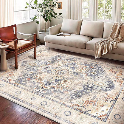 Area Rug 6'x9' Blue Khaki Washable Vintage Traditional Floor Cover Thin Retro Kitchen Indoor Distressed Non Slip Carpet Floral for Living Room Bedroom Dining Room