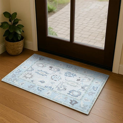 Cream Blue Oushak Rug, Modern Small Rugs, Vintage, Turkish, Eclectic, Floral, Pastel, Washable, Door Mat, Doormat for Indoor Entrance, Entryway, Kitchen, Bathroom, Bedroom, Laundry, 2'x3'
