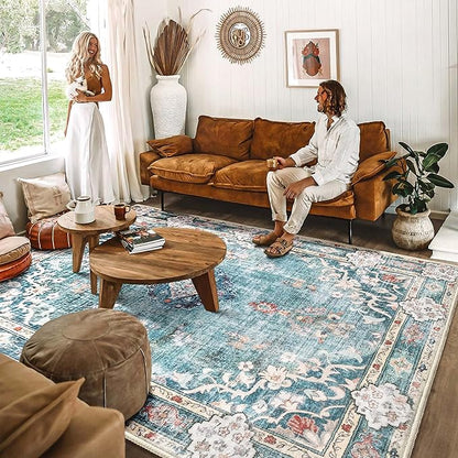 MUJOO Teal Rug 8'x10' Area Rugs for Living Room Blue Washable Rugs Large Rug Boho Rug 8'x10' for Bedroom Non Slip Abstract Soft Low-Pile Floral Colorful Flowers