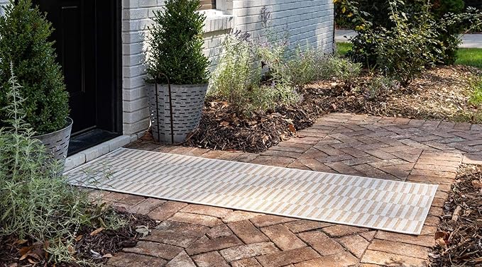 Unique Loom Outdoor Striped Collection Area Rug - Striped (2' x 6' 1" Runner, Taupe/Ivory)
