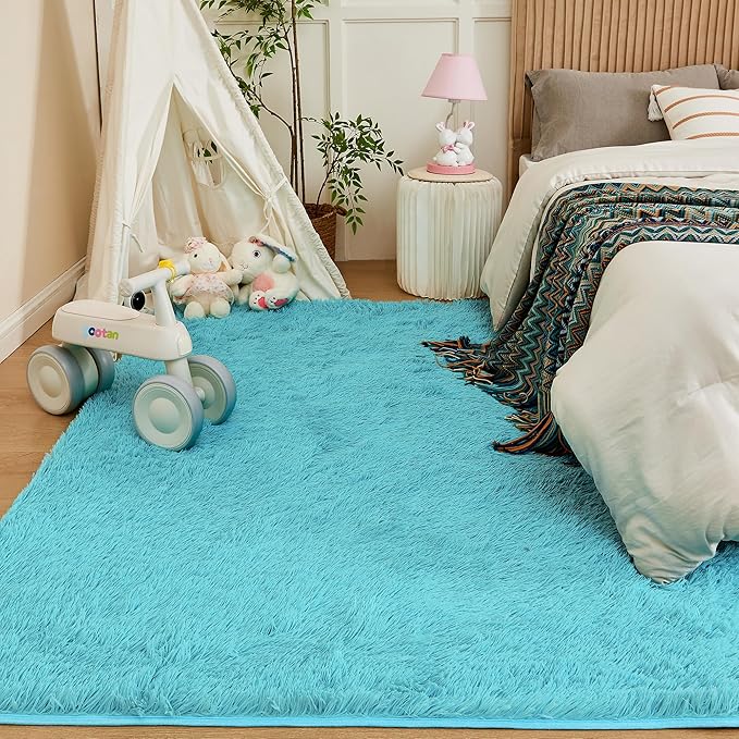 Andency Blue Area Rugs 9x12 for Living Room Home Decor, Large Shaggy Bedroom Carpet, Non-Slip Big Shag Indoor Thick Soft Fluffy Furry Fur Area Rugs for Kids Dorm Nursery Aesthetic