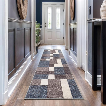Rugshop Contemporary Modern Boxes Design Non-Slip (Non-Skid) Carpet for Hallway,Kitchen,Entryway Runner Rug 2'7" x 12' Blue