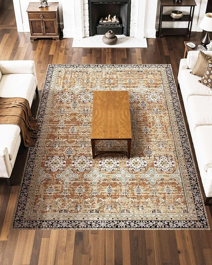 VEVOR 7.5 x 9.5 ft Area Rug Large Washable Rug Non-Slip and Tear-Resistant Soft Carpet Pet & Child Friendly Vintage Area Rugs Indoor Mat for Bedroom Living Room Office Entryway Brown Green