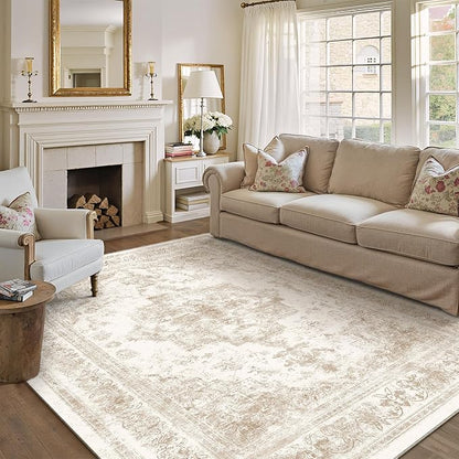 Area Rug 6x9 Cream Washable Living Room Beige Carpet Non Slip Vintage Medallion Indoor Bedroom Beige Carpet Low Pile Soft Retro Distressed Large Rug Home Office Dining Room Playroom