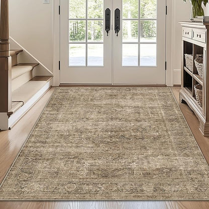 FMFUNCTEX 4x6 Washable Area Rug Neutral Vintage Brown Distressed Non Slip Low Pile Traditional Indoor Carpet for Entryway Living Room Bedroom Soft Retro Throw Rug for Dining Office Kitchen Entryway