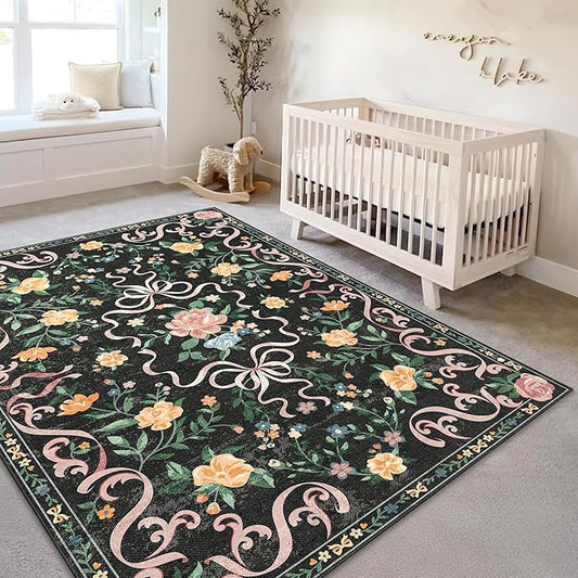 Black Rug Bow Floral Rug for Girls, 5x7 Washable Area Rugs for Bedroom Living Room, Kitchen,Dining Room,Kids Room,Playroom, Cute Ultra-Thin Non Slip Low Pile Indoor Carpet
