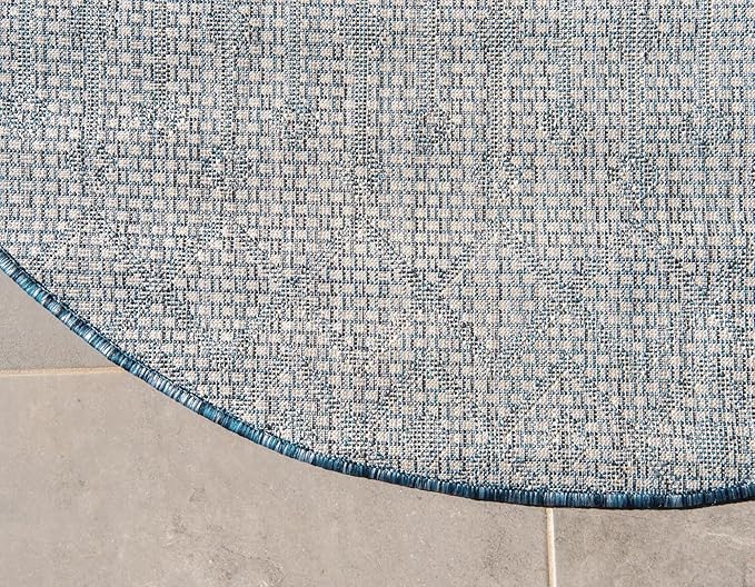 Unique Loom Outdoor Trellis Collection Area Rug - Tribal Trellis (3' 1" Round, Blue/ Ivory)