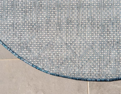 Unique Loom Outdoor Trellis Collection Area Rug - Tribal Trellis (10' Round, Blue/ Ivory)