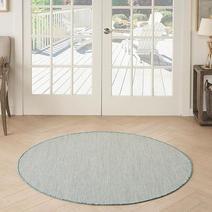 Nourison Home Courtyard Ivory Aqua 4' x Round Area Rug - Easy Clean, Non Shedding, Bed Room, Living Room, Dining Room, Kitchen (4' x Round)
