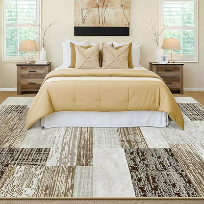 Large Area Rugs,Modern Geometric Patchwork Floor Decor for Bedroom Aesthetic Carpet, Rockwood Collection, Indoor Rugs for Living Room, Dining Room, Nursery, Office, Machine Washable Rug,9x12 Ft Beige