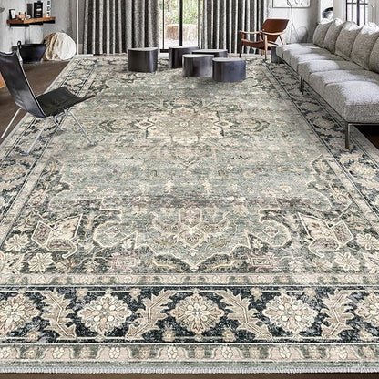 7X9 Area Rugs - 7X9 Washable Area Rug Indoor Vintage Rug Print Rug Low-Pile Floor Carpet for Living Room, Bedroom (Olive Charcoal)