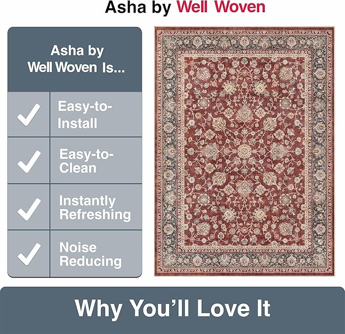 Well Woven Asha Rome Red 2'3" x 7'3" Runner Rug - Oriental Floral Pattern, Easy Clean, Floor-Friendly Backing - for Hallway, Entryway, and Kitchen