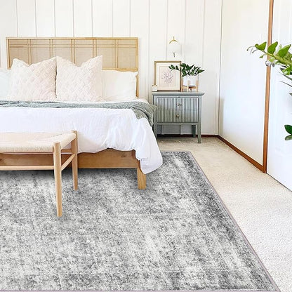 Area Rug 8x10 Washable Rug Gray Vintage Traditional Mat Distressed Indoor Foldable Thin Retro Accent Floral Non Slip Carpet Living Room Dining Room Office