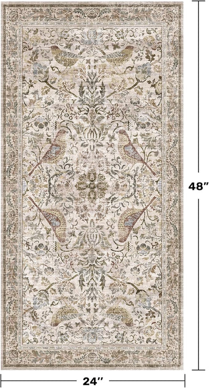 Boho Moss 2x4 Small Rugs for Entryway, Vintage Washable Low Pile & Soft Throw Rugs for Kitchen, Bathroom - Classic Home Décor, Bird & Botanical Design Stain Resitant Non Slip Carpet