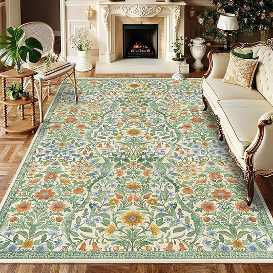 Floral Washable 6x9 Area Rug，Grass Green Boho Rugs for Living Room, Soft Low-Pile Non-Slip Stain Resistant & Non-Shedding Carpet for Bedroom, Dining Room, Office, Entryway, Nursery